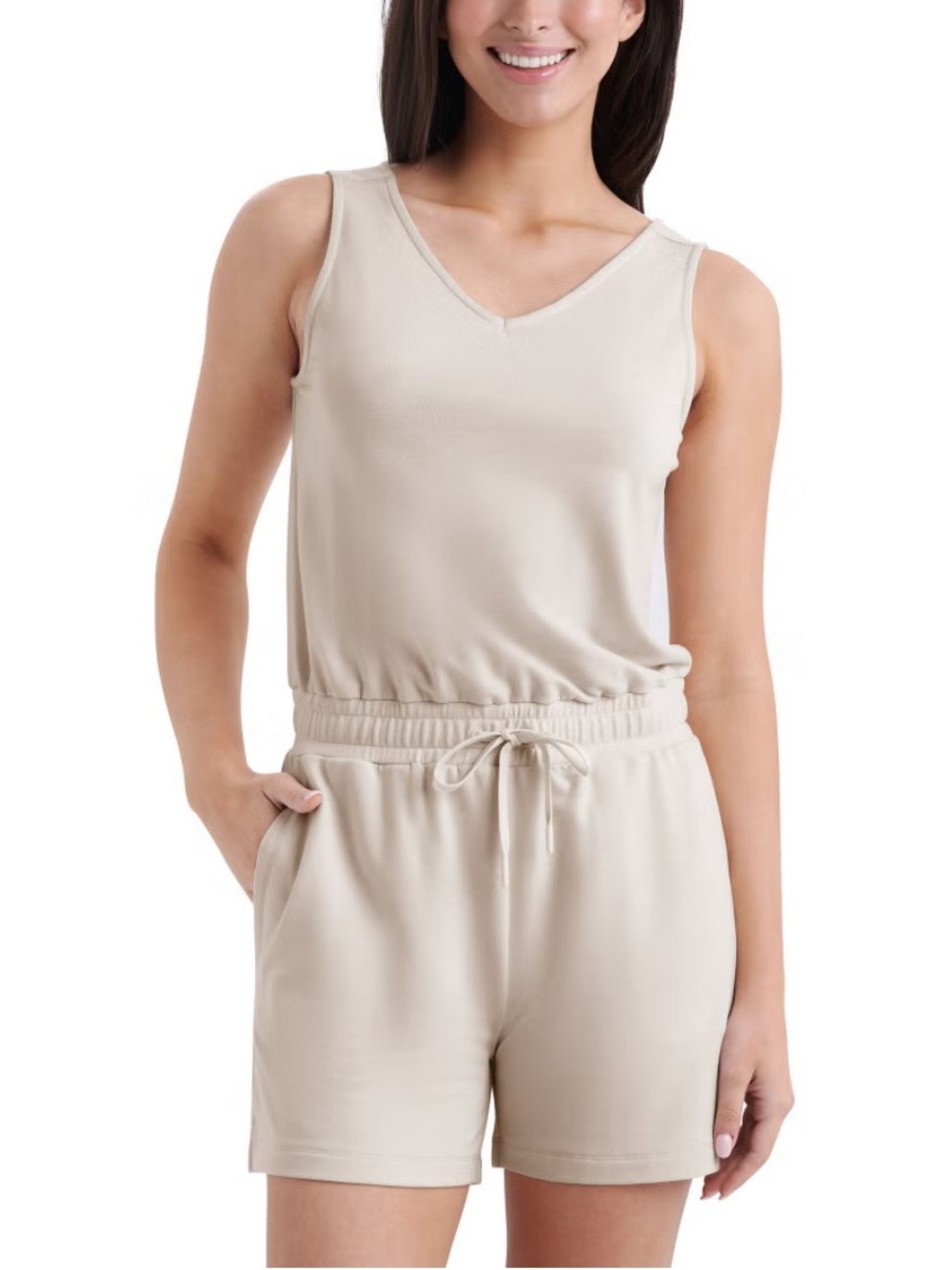 Casual Women's Sleeveless Drawstring Romper Dress - Cream Bone off white
